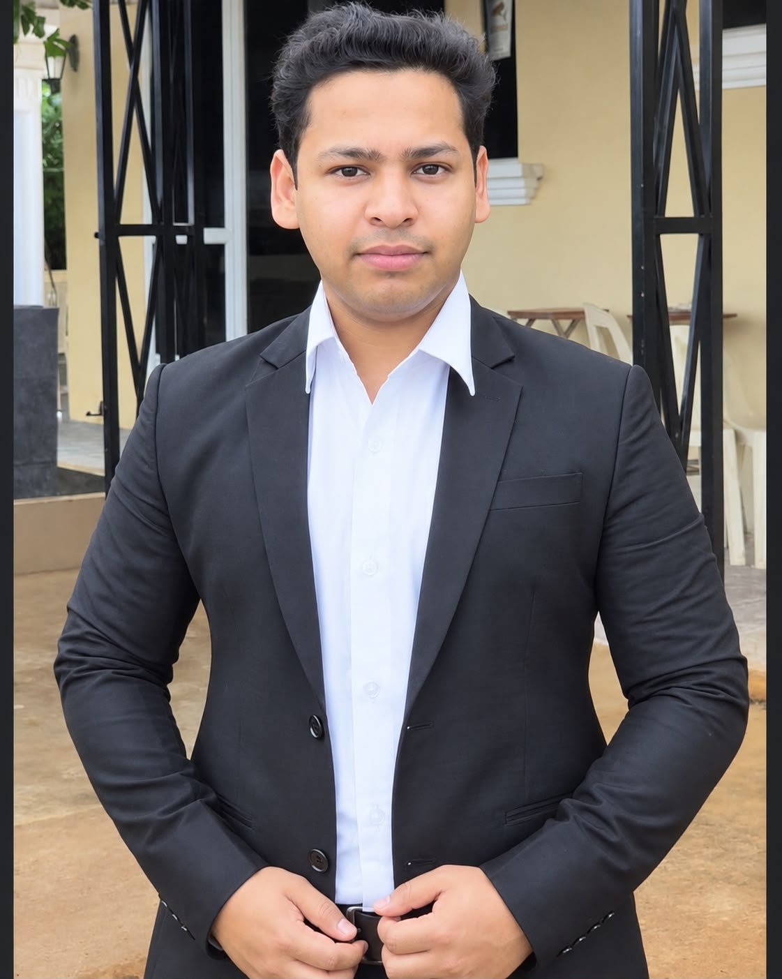 Editorial portrait of Ankit Rawat, Co-Founder of Bliss Knot Events. Crisp formal attire, observant expression, backlit with subtle warm light. Photographed in an architectural gallery environment evoking structural rigor, operational calm, and meticulous planning authority.